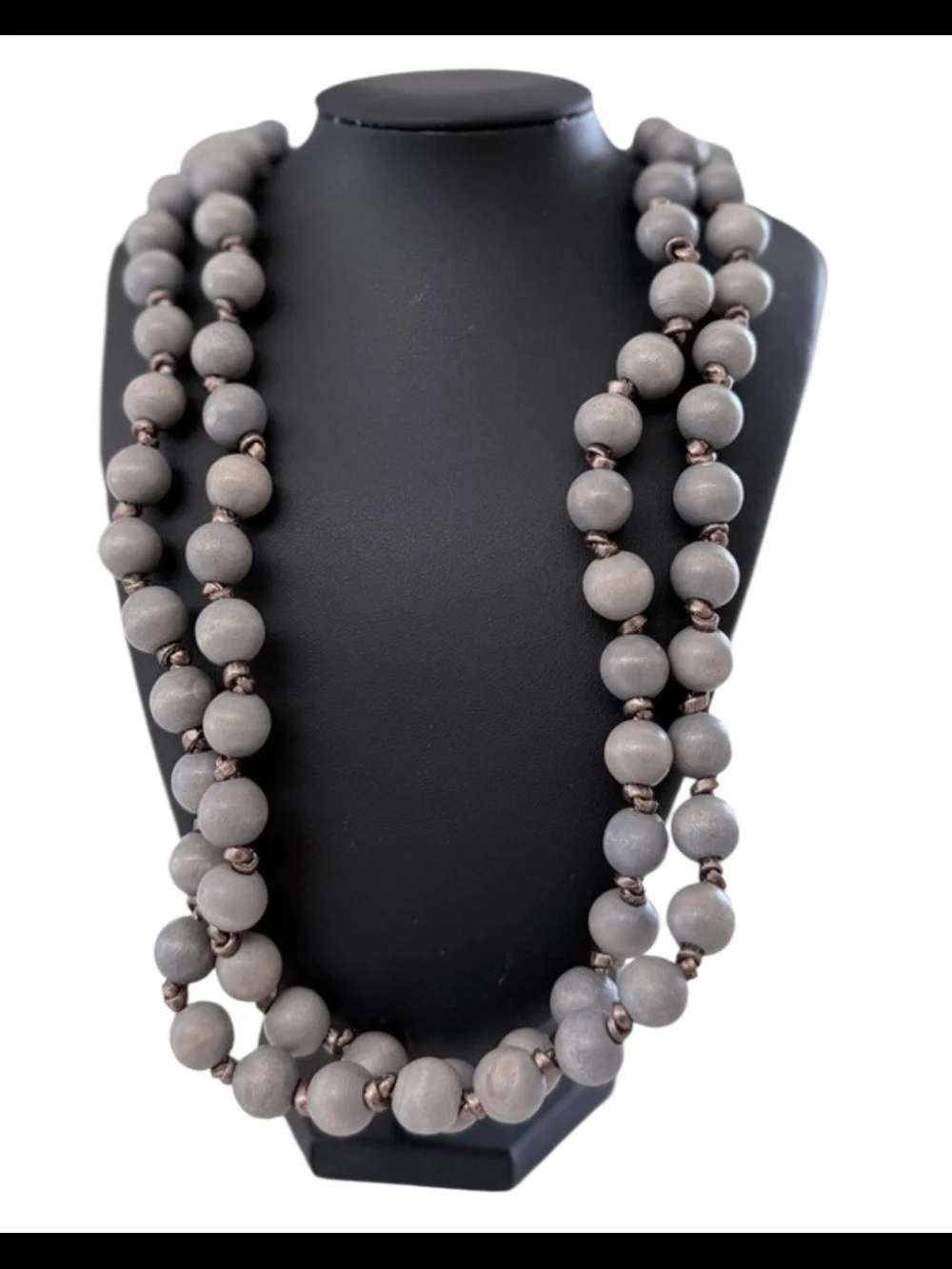 Classic Double-Strand Gray Wooden Bead Necklace
